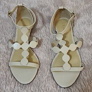 Talbots Beige Ecru Leather T Strap Open Toe Wedge Sandal Sz. 5